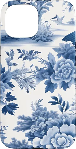 Vista 6 de iPhone 16 White and blue Chinoiserie Botanical Floral Bird Classic Case