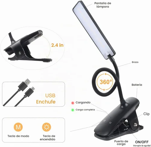 Vista 3 de Luz de Lectura LED con Clip Recargable USB Luces para Libros, 24 LEDs Lámpara de Cama Nocturna de Cuello Flexible, Control Táctil Lámparas de Negro