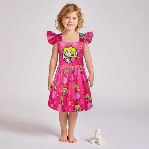 Vista 2 de FLUTTERII Toddler Girls Princess Dress Costume Kids Square Neck Casual Dress Game Movie Dress Up Home Party Play Wear