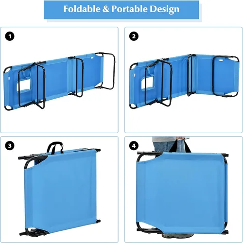 Vista 6 de Sillón plegable de playa con 5 respaldos ajustables y almohada acolchada, tumbona para tomar el sol, silla plana de bronceado para cubierta de Azul