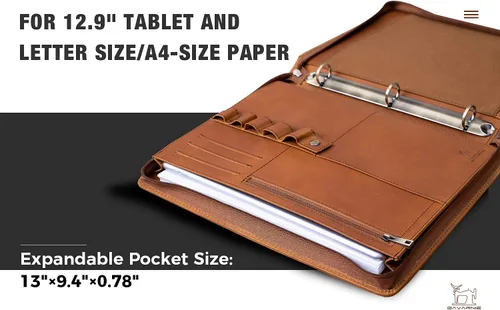 Vista 7 de Carpeta de piel auténtica para negocios, cartera de 3 anillas, carpeta de negocios con cremallera para hombres y mujeres, color marrón, Marrón
