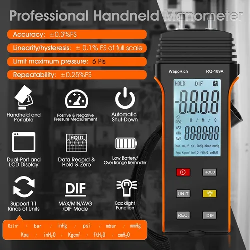 Vista 2 de Medidor de presión de gas Manometer HVAC, medidor de presión de aire manómetro de doble puerto WapoRich ±13.79Kpa/2.000Psi ±0.3% con 11