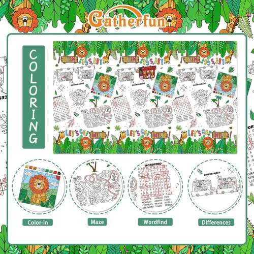 Vista 3 de Gatherfun Paquete de 2 manteles de papel para colorear con temática de selva de safari, cubierta de mesa de actividades interactiva para fiestas