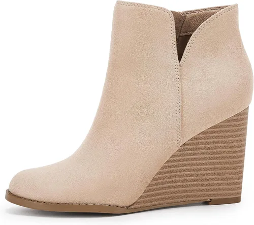 Vista 2 de LAICIGO Botines de cuña con corte en V para mujer, con cremallera, puntera cerrada, tacón apilado, botas de invierno de gamuza sintética