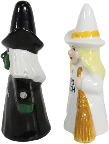 Vista 9 de Ebros Gift Fuerzas del bien y del mal Elphaba VS Glinda Brujas que llevan escobas con salero y pimentero, juego de figuras de cerámica con tapones