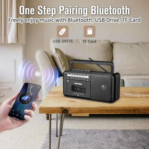 Vista 4 de Gelielim Reproductor de cinta de casete Bluetooth Boombox, reproductor de cassette radio estéreo AM/FM/SW, reproductor de cinta/grabadora
