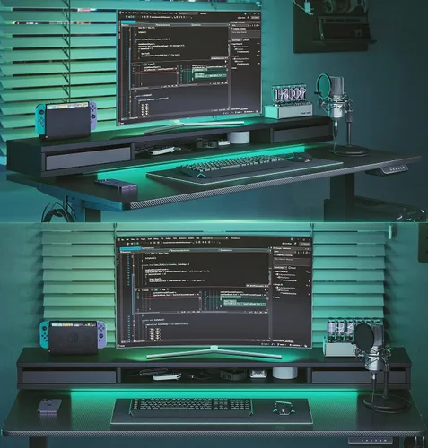 Vista 2 de FEZIBO Escritorio eléctrico de pie ajustable de altura de 48 x 24 pulgadas con cajones dobles, escritorio de pie con tiras LED, escritorio de pie