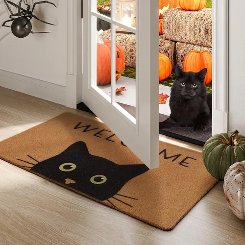 Vista 2 de Tapete para Puerta de Gato Tapete de Bienvenida, Gato Negro con Ojos Verdes Tapete para Puerta, Tapetes de Bienvenida Antideslizantes de Gato