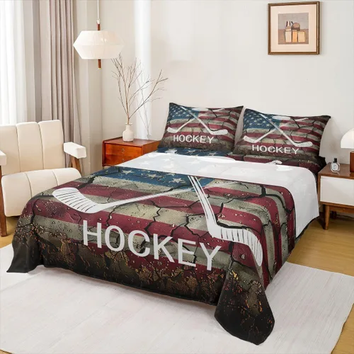 Vista 23 de Erosebridal Juego de sábanas de la bandera estadounidense tamaño individual, juego de sábanas de hockey para niños y adolescentes, juego deportivo