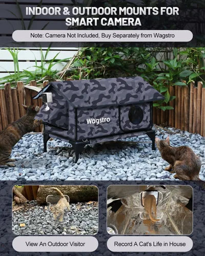 Vista 4 de Casa climatizada a dos aguas para gatos exteriores en invierno, 100% impermeable, puerta de escape, elevada, refugio aislado para gatos al aire