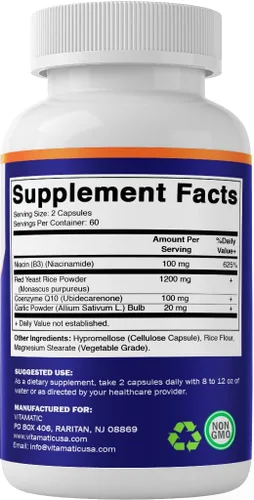 Vista 8 de Vitamatic Arroz de levadura roja sin citrinina, 1200 mg. Cápsulas con CoQ10 100 mg, niacina libre de 100 mg y ajo en polvo 20 mg - 120 cápsulas