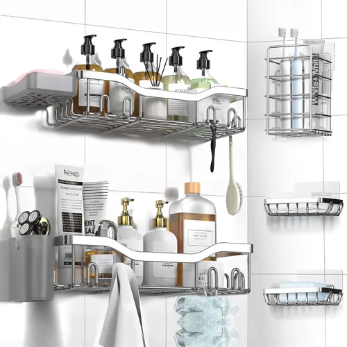 Vista 16 de NESOMI Organizador de Ducha Adhesivo Juego de 7 Piezas, Estantes de Baño de Acero Inoxidable a Prueba de Óxido, Accesorios de Almacenamiento sin