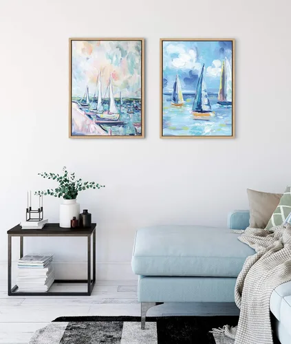 Vista 2 de Kate and Laurel Sylvie Come Sail Away - Lienzo enmarcado para pared, diseño de Rachel Christopoulos, 18 x 24 pulgadas, arte costero natural