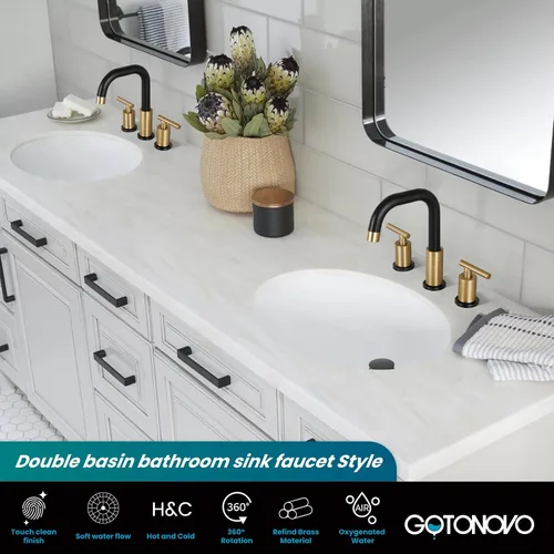 Vista 9 de gotonovo Grifo de lavabo de baño de 8 pulgadas, 3 agujeros, 2 asas, lavabo con drenaje desplegable con válvulas mezcladoras frías y calientes