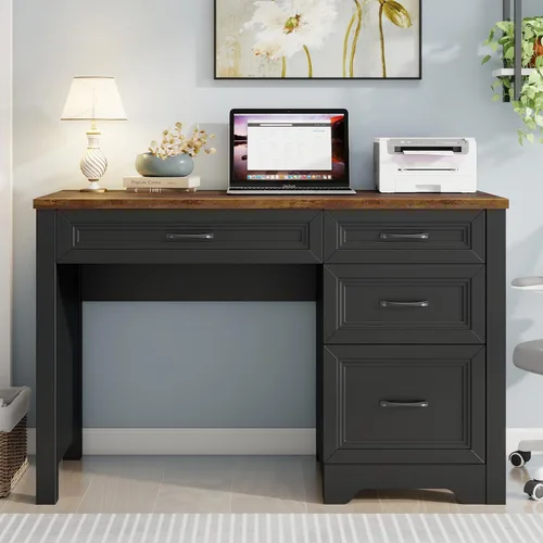 Vista 14 de Halitaa Escritorio ejecutivo de granja con cajones, escritorio de madera para computadora con amplio cajón de archivos, escritorio rústico