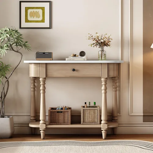 Vista 5 de Polibi Mesa consola Half Moon, mesa de entrada con cajón y estante, patas ajustables, diseño rústico vintage, mesa de sofá para entrada, sala