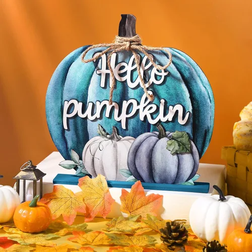 Vista 4 de Soaoo Decoración de Acción de Gracias, letrero de madera de otoño con texto en inglés "Hello Pumpkin", decoración de mesa de calabaza de otoño de 11