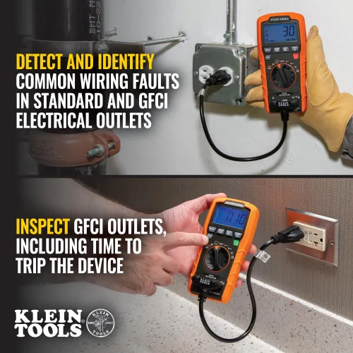 Vista 4 de Klein Tools ET270 Multímetro digital de rango automático, CA/CC, resistencia, continuidad, probador de receptáculo GFCI con cables de prueba y cable