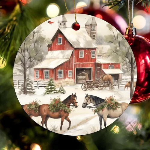 Vista 8 de Adorno navideño de caballos de granja, regalo para amantes de los caballos, de porcelana de doble cara, adorno de 3 pulgadas para árbol de Navidad