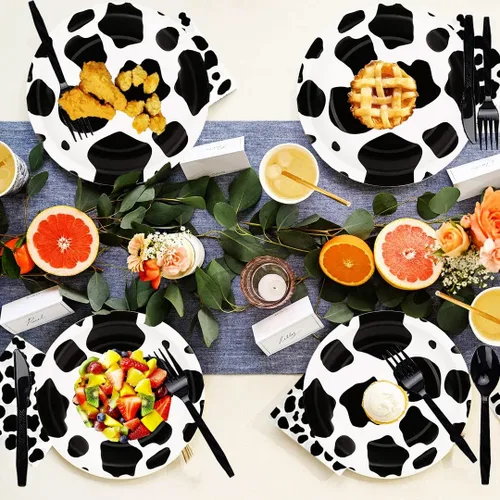 Vista 4 de 150 piezas de suministros de fiesta con estampado de vaca, juego de vajilla con estampado de vaca de granja que incluye platos de papel de vaca de 9