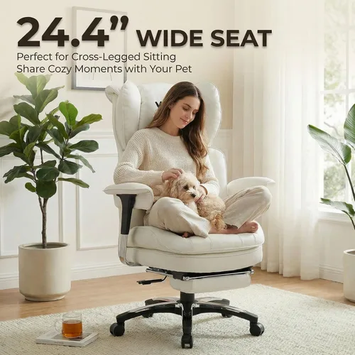 Vista 6 de Efomao Silla de oficina blanca grande y alta con reposapiés, silla ergonómica de respaldo alto para computadora con reposabrazos ajustables, asiento