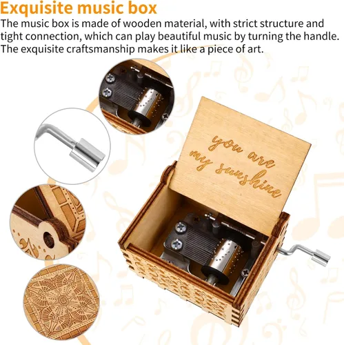 Vista 4 de TIESOME You are My Sunshine - Caja de música con manivela de mano, caja de música vintage grabada en madera, caja de música clásica, regalos