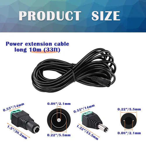 Vista 2 de 4 cables de extensión de alimentación de 12 V CC de 33 pies (32.8 ft) con conectores adaptadores de conector de alimentación (2 machos + 2 hembra)