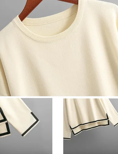 Vista 6 de Conjunto de suéter de 2 piezas para mujer, conjunto de punto de manga larga, sin botones, pantalones de pierna ancha