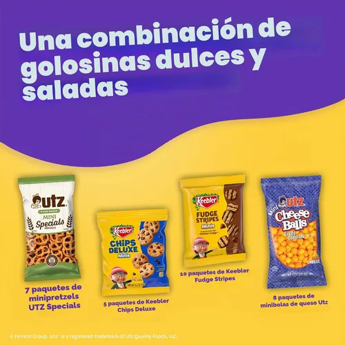 Vista 3 de Keebler Paquete variado Sweet & Salty, caja de 30 unidades, incluye chips Deluxe, Fudge Stripes, Utz mini pretzels y bolas de queso, 31 onzas