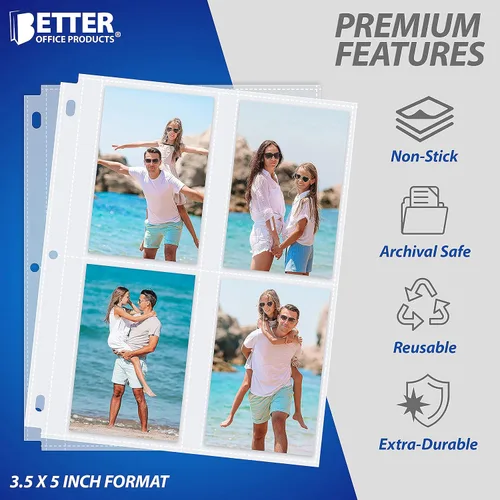 Vista 5 de Better Office Products Hojas de repuesto para álbum de fotos, 3.5 x 5 pulgadas, pesadas, de 3 anillos transparentes de diamante, 200 fotos en total