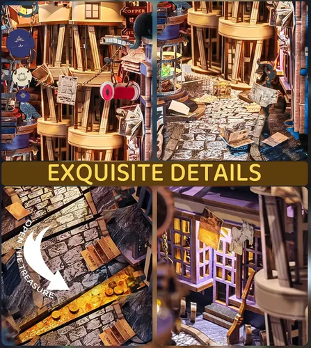 Vista 3 de Spilay - Kit de rincón de libro para adultos, Magic Night Lane DIY Kit de casa en miniatura With Warm LED Light, DIY Wooden Craft for Bookshelf