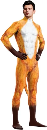Vista 31 de Disfraz de animal para hombre con estampado de cola grande, overol peludo de elastano para cosplay, fiesta de Halloween