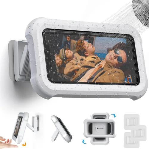 Vista 9 de Mistriddle Soporte para teléfono de ducha impermeable con rotación de 360°, ángulo ajustable, soporte para teléfono montado en pared para espejo