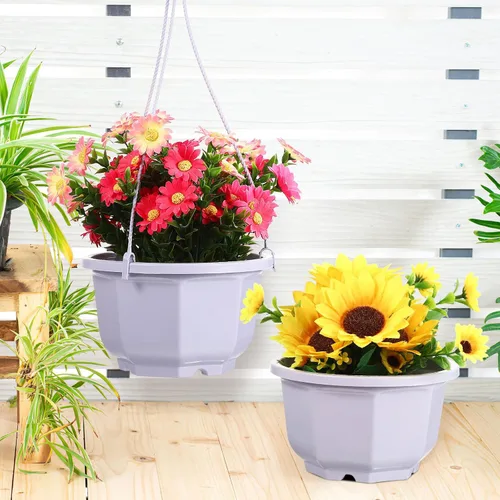 Vista 4 de 8-Inch Hanging Planters Octagonal Plastic Flower Pots with Hook, 10pcs Indoor Hanging Plant Baskets for Balcony and Garden, White Gardening