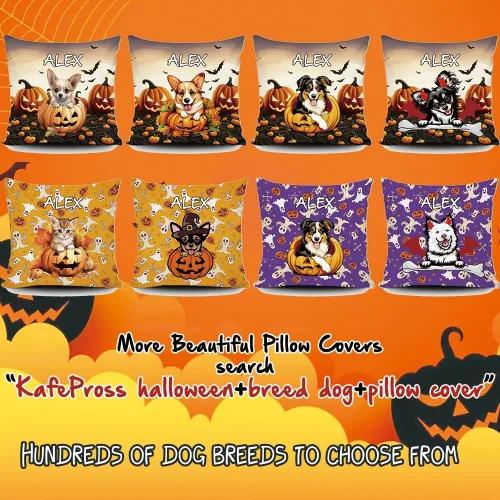 Vista 7 de Funda de almohada personalizada de Halloween, diseño de calabaza, lindo cachorro, funda decorativa de lona para sofá, 16 x 16 pulgadas, estampado