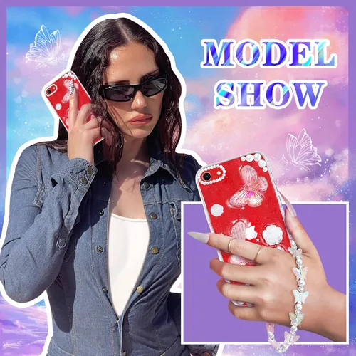 Vista 3 de Funda 3 en 1 para iPhone SE/7/8: diseño de mariposa 3D, purpurina, brillante, cristal, estilo lindo femenino, cadena y protector de pantalla
