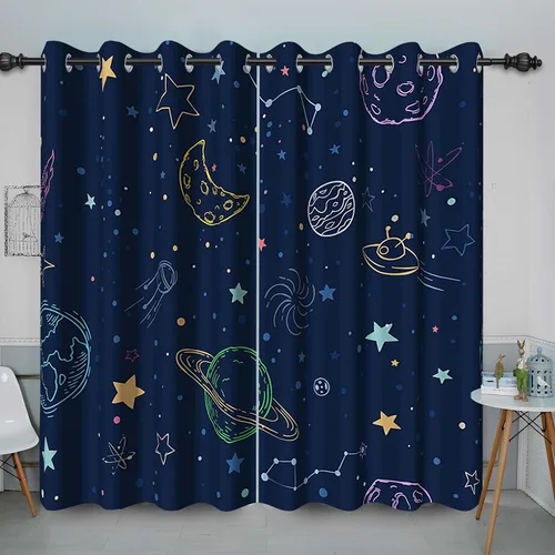 Vista 12 de Cortina opaca con diseño de dibujos animados para niños, diseño de luna, estrellas, planetas, cortinas de oscurecimiento con ojales inoxidables Azul