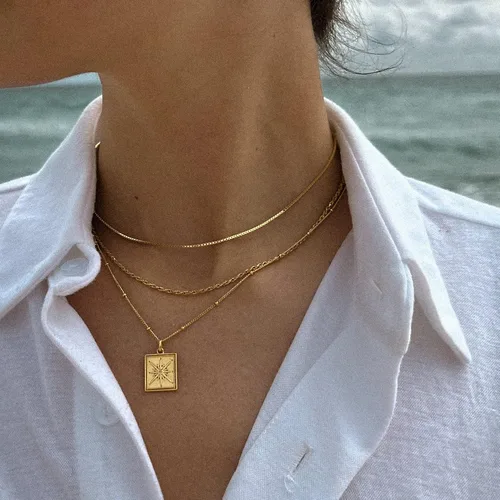 Vista 4 de Tewiky Collar de cadena de oro para mujer, chapado en oro de 14 quilates, collar de cadena de caja de ondas con cuentas finas, collar de oro