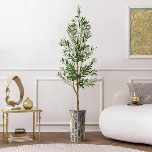 Vista 13 de Árbol artificial en macetero moderno con patrón poligonal, palmera tropical areca artificial de seda para decoración del hogar en interiores