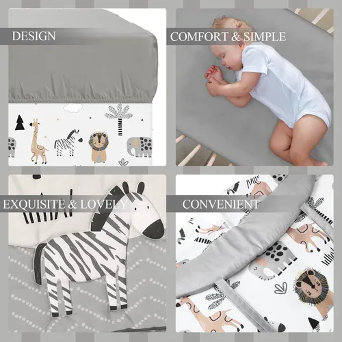 Vista 5 de Juego de ropa de cama de 4 piezas para cuna con animales del bosque, incluye falda de cuna de safari en la jungla, manta, sábana de cuna y apilador