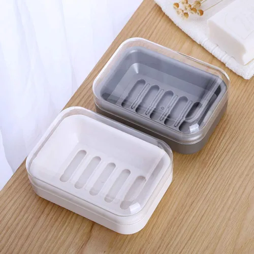 Vista 2 de Yardwe Bandeja de jabón de plástico con tapa transparente, soporte para jabón de drenaje para baño y cocina (beige blanco)