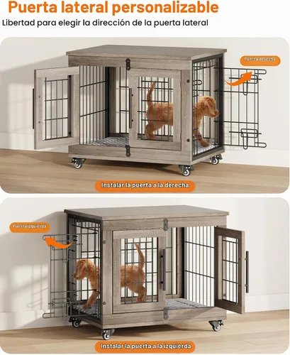 Vista 4 de YaFiti Mueble de jaula para perros con cojín, perrera de madera para interiores con puertas dobles, jaula para perros con ruedas, mesa auxiliar
