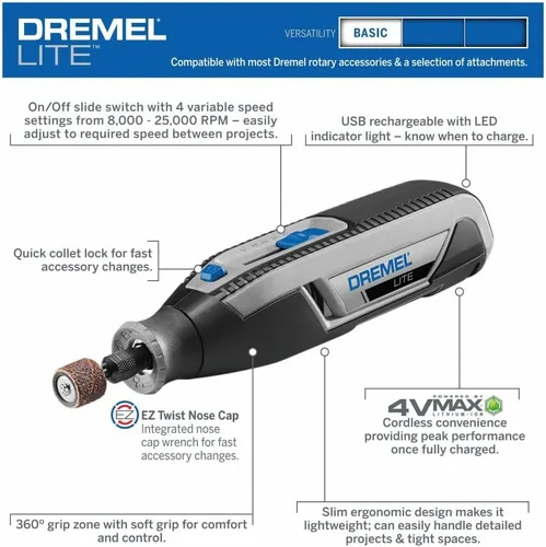 Vista 2 de Dremel Lite 7760 N/10 - Herramienta rotatoria inalámbrica de iones de litio de 4V, kit multipropósito de velocidad variable, carga USB, cambios