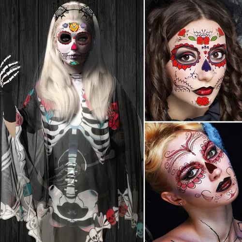Vista 5 de Eurzom Traje de esqueleto de Halloween de 18 piezas para guantes de hueso, calcetines, orejas de gato, diadema, máscara de ojos, tatuajes faciales