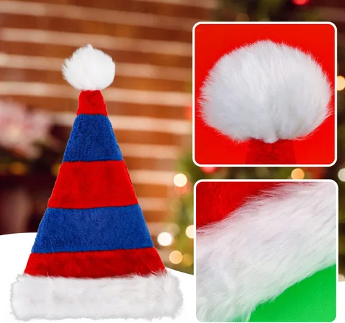 Vista 7 de LOMIMOS Sombrero de Papá Noel de Navidad, sombrero de felpa de terciopelo azul y rojo para adultos, decoración del hogar, suministros de fiesta