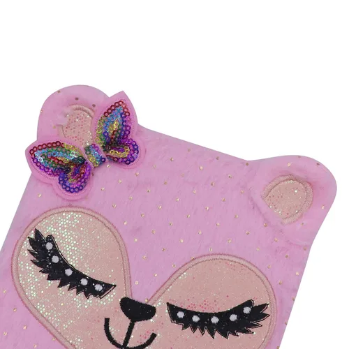 Vista 3 de Cute Cat Plush Notebook with Sequined Bow, Kids Girls Cartoon Fuzzy Writing Drawing Pad Personal Journal Diary Notepad with Lined Paper Notebook