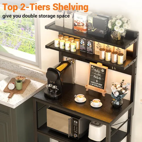 Vista 5 de Aheaplus - Estantería de cocina con toma de corriente, soporte para microondas, estación de café de 5 niveles con luces LED, estante