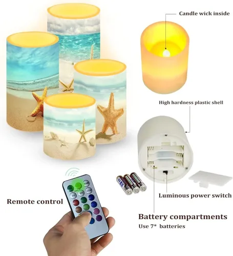 Vista 2 de Velas LED parpadeantes operadas por batería, juego de 4 con control remoto y temporizador, velas de llama danzante, velas de pilar para mesa, Playa