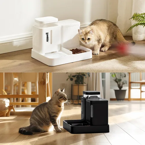 Vista 8 de ZOMISIA Juego de alimentador automático para gatos y dispensador de agua, dispensador de alimentos para gatos por gravedad 2 en 1 con rotación