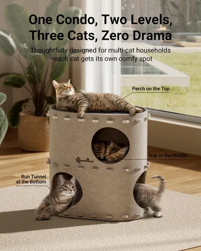 Vista 2 de DownyPaws Casa para gatos de interior, cueva plegable de 2 pisos, cama tipo túnel de fieltro para gatos, cubo, escondite para multicats, resistente